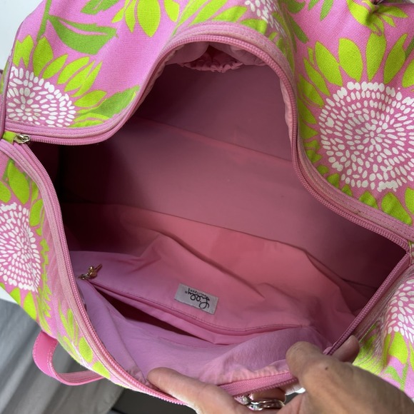 Lilly Pulitzer Sunflower Soleil Duffle Bag With Leather Strap Pink Green 20"x10" - Picture 8 of 13